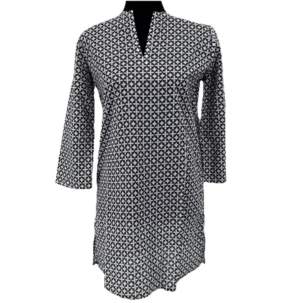 CHARLESTON SHOE CO. NAVY & WHITE COTTON Geometric LOGO 3/4 SLVS TUNIC SM‎ NEW